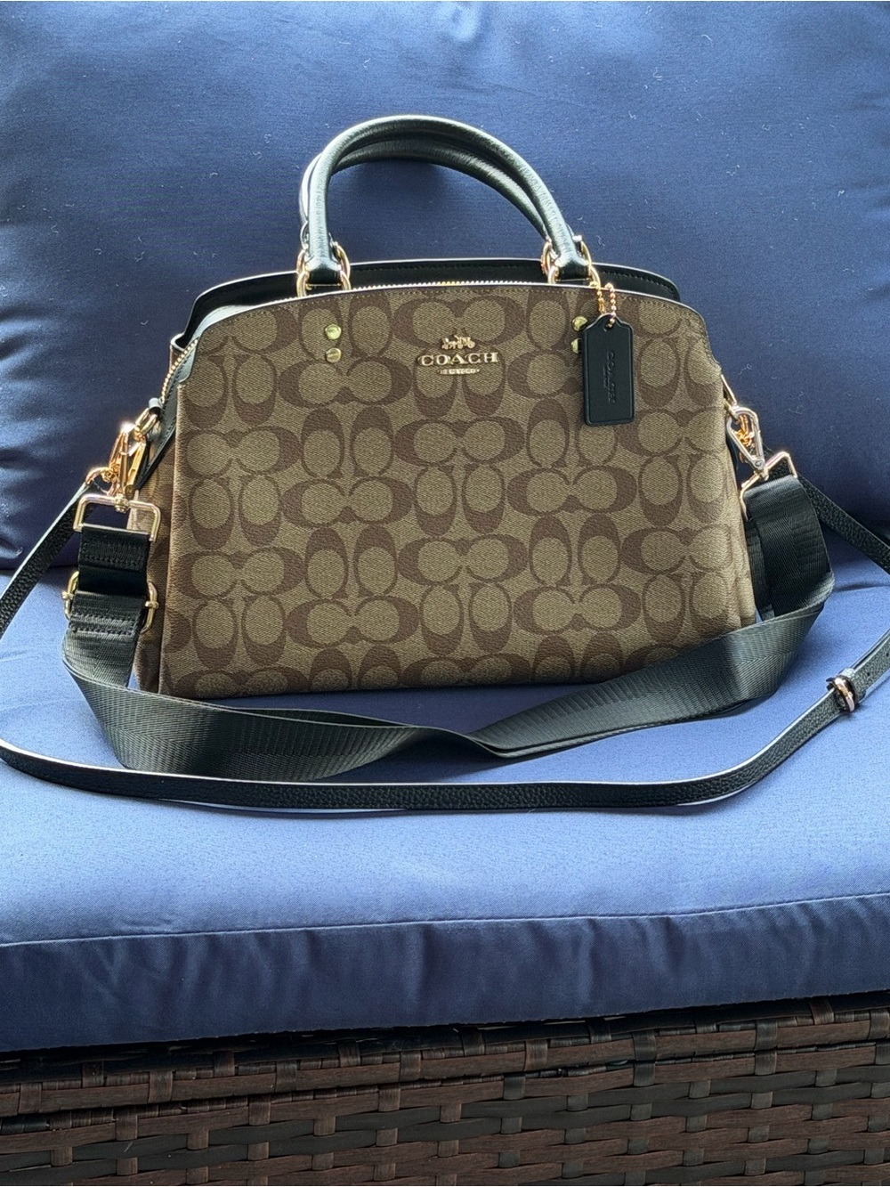 Coach Lillie Carryall Tan Black Signature Leather Gold Hardware - Picture 2 of 15